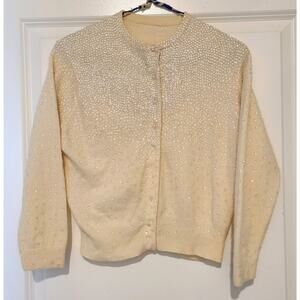 Sweater Cardigan Womens Hand Beaded Cropped Vintage 80s XS Cream Yellow Sparkle